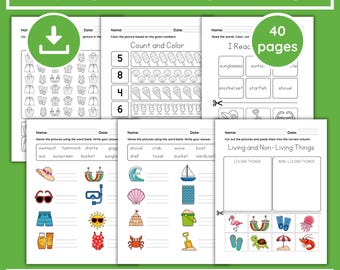 40 Pages Summer Preschool Worksheets Bundle, Kindergarten Printable Activities, Phonics, Tracing, Counting, Coloring, Motor Skills Workbook