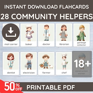 28 community-helpers-flashcards – aquarel Montessori-beroep- en carrièrekaarten voor kinderen, voorschoolse beroepen leren afdrukbaar