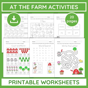 20 Pages Farm Animals Preschool Worksheets Bundle, Counting, Tracing, Coloring, Matching, Homeschool Pre-K PDF & PNG Activities, Printable