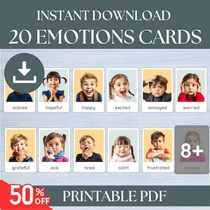 20 tarjetas didácticas sobre emociones para niños, tarjetas didácticas sobre sentimientos para imprimir, herramientas de aprendizaje socioemocional, tarjetas inspiradas en Montessori, descarga instantánea