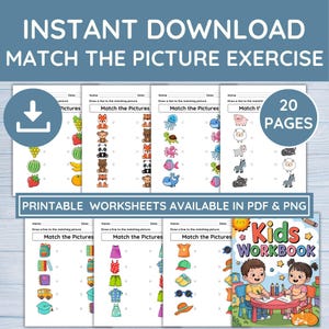 印刷可能なマッチングワークシート20枚（PDF・PNG）、幼稚園・保育園向けビジーブック、絵合わせ、子供向けの楽しい教育アクティビティ