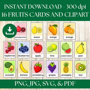 Fruit Flashcards, Fruits Clipart, Fruits PNG, Montessori Flashcards, Educational Printables for Kids, Instant Download, For Kids, png jpg