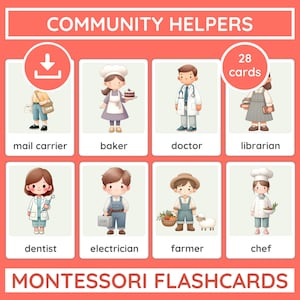 28 Community Helpers Flashcards – Watercolor Montessori Occupation & Career Cards for Kids, Preschool Professions Learning Printable