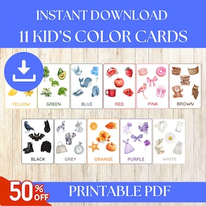 Cartões coloridos inspirados em Montessori para crianças pequenas, cores com tema de aquarela, cartões de aprendizagem pré-escolar, reconhecimento de cores, desenvolvimento da linguagem