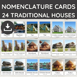 24 traditionele huizen over de hele wereld Flashcards, montessori 3-delige nomenclatuurkaarten, culturele architectuur, aardrijkskunde thuisonderwijs pdf