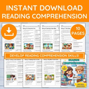10 Arbeitsblätter zum Leseverstehen für die Klassen 1–2 | Kurze Geschichten mit Fragen | Druckbare ELA ELL Aktivitäten | PDF Sofortdownload