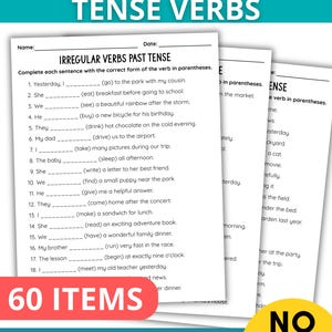 May include: Educational worksheet titled IRREGULAR PAST TENSE VERBS featuring 18 fill-in-the-blank sentences. The document includes a Name and Date line, instructions to complete sentences with the correct verb form, and a 60 ITEMS label at the bottom.