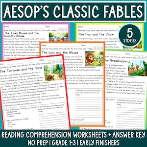 No Prep Aesop's Fables Reading Comprehension Passages & Questions Worksheets Digital Download for Grades 1-3