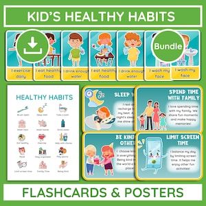 Healthy Habits Flashcards for Kids – Daily Routine Chart PDF, Montessori Self-Care Cards, Visual Schedule, Homeschool Wellness Posters