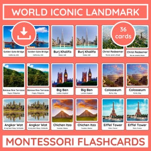 36 World Landmark Real Photo Flashcards for Kids, Montessori Geography Cards, 3-Part Nomenclature Set, Cultural Learning PDF for Homeschool