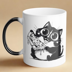 Black Cat Pizza Lover Mug, Adorable Cartoon Cat with Slice, Funny Gift for Foodies, Pet Lovers, Cute Color Morphing Mug, Gift for Cat Lovers