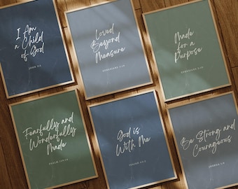 Bible Verse Posters for Boys Bedroom, Set of 6 Wall Art Prints for Kids Room (Digital Download)