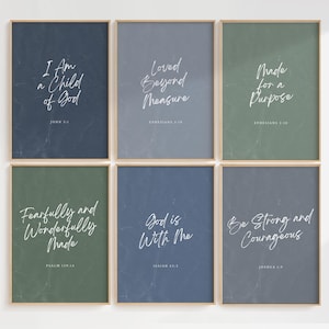 Set of 6 Kids Bible Verse Poster Bundle for Boys | Children&#39;s Christian Nursery Decor | Navy Blue Sage Green Grey Printable Wall Art for Son