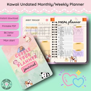 Może przedstawiać: Niedatowany miesięczny/tygodniowy planer Kawaii z różową okładką i spiralną oprawą. Planer zawiera narzędzie do śledzenia nawyków, plan posiłków i strony dziennika. Okładka zawiera urocze ilustracje zwierząt i tekst "Cuddle Your Planner".