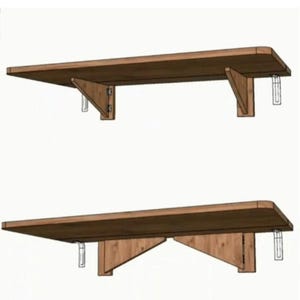 May include: Two wooden folding shelves with metal brackets. The shelves are brown and the brackets are silver. The shelves are mounted to a wall.
