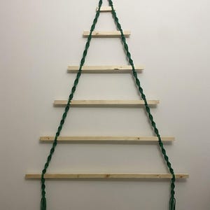 May include: A wall-hanging shelf unit featuring five horizontal light-colored wooden planks suspended by two dark green macrame cords. The cords form a triangular shape, meeting at a circular wooden ring at the top and ending in tassels.