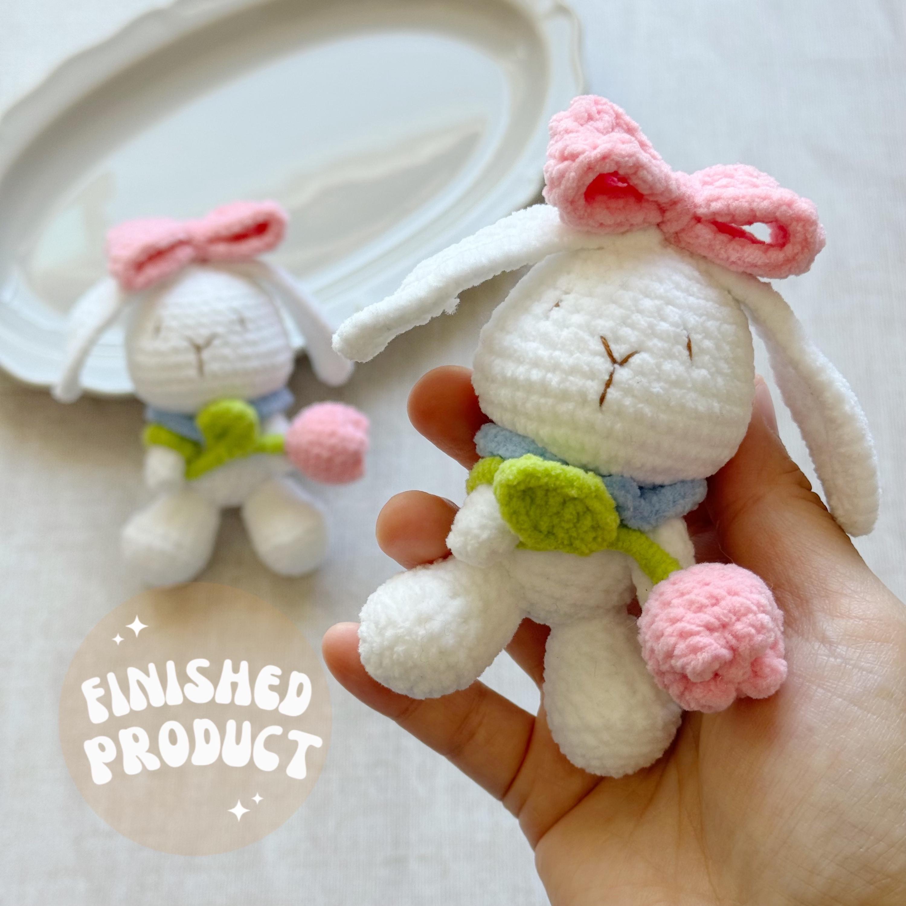White Baby Bunny holding pink tulip crochet toy/bow tie/rabbit amigurumi/Emotional Support/Easter day animal/Key chain/Ready to Ship from US