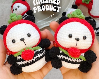 Baby Panda boy in strawberry hat handmade crochet toy/Panda amigurumi//Knitted animal/Small Key chain/Bag charm/Ready to Ship from US
