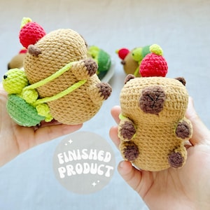 Chubby Capybara wearing Removable Frog backpack with red apple/Capybara amigurumi/Emotional Support/Knitted animal/Key chain/Ship from US