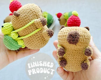 Chubby Capybara wearing Removable Frog backpack with red apple/Capybara amigurumi/Emotional Support/Knitted animal/Key chain/Ship from US