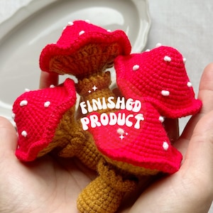 May include: Crocheted red mushrooms with white spots and brown stems. The text "FINISHED PRODUCT" is visible on the mushrooms. The mushrooms are handmade and appear to be decorative items.