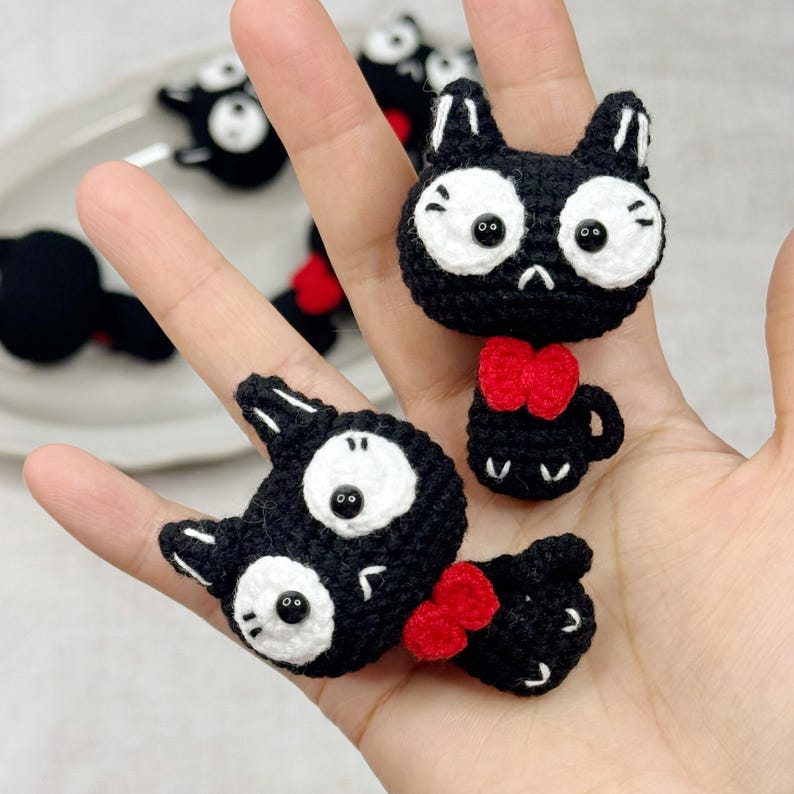 Crocheted Black Cat Keychain, Halloween Kitty Amigurumi with red bow