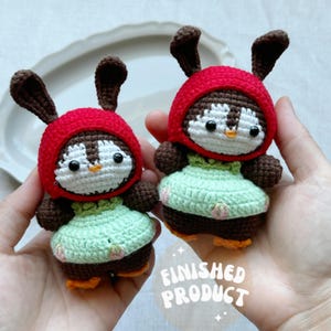 Penguin in Strawberry Outfit crochet toy/Penguin amigurumi/Emotional Support/Desk buddy/Knitted animal/Small Key chain/Ready to Ship from US