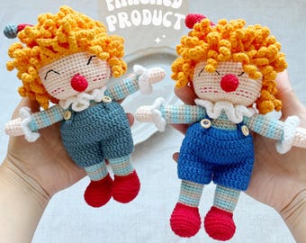 Crochet Large orange hair Circus Clown with Hat Toy/Kawaii Clown doll amigurumi/Cute Not scary/Emotional Support/Ready to Ship from US