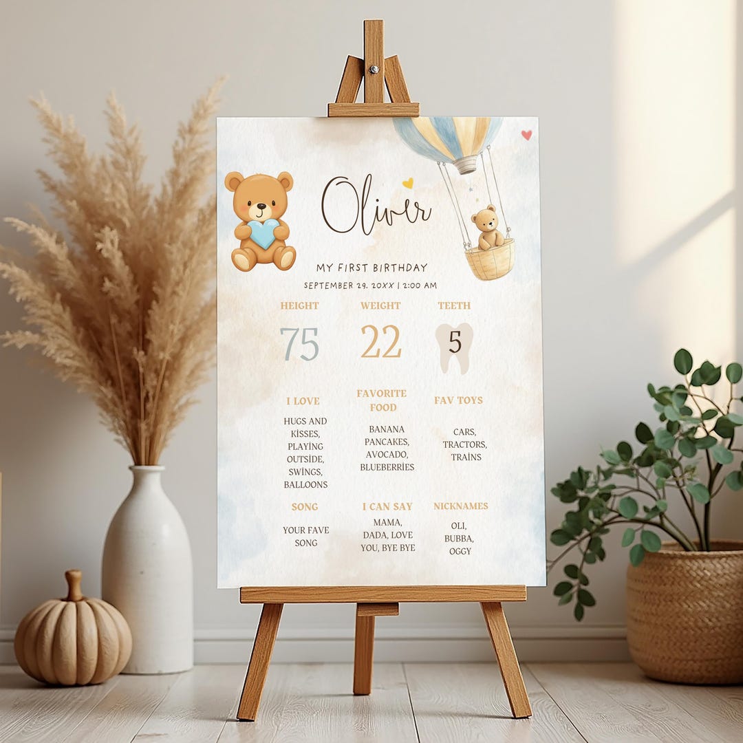 Baby 1st Birthday Milestone Board, Beary First Boy Birthday Party Decor ...