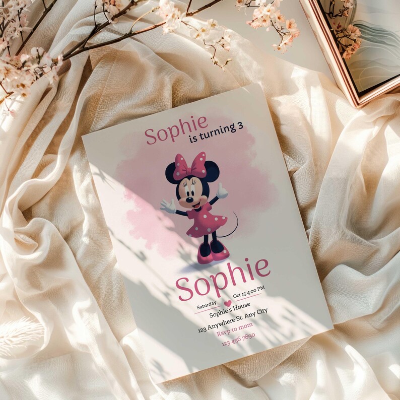 Editable Pink Minnie Mouse Birthday Invitation, Watercolor Girls ...