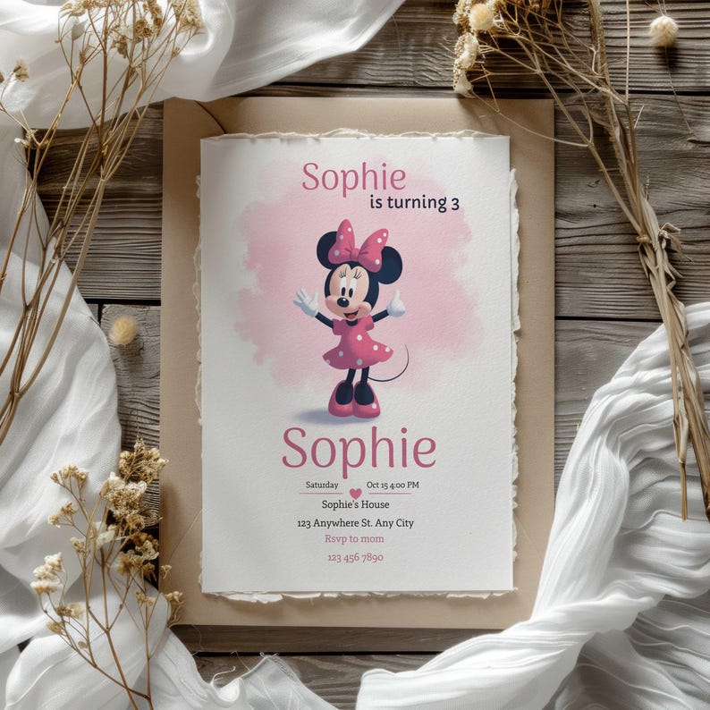Editable Pink Minnie Mouse Birthday Invitation, Watercolor Girls ...