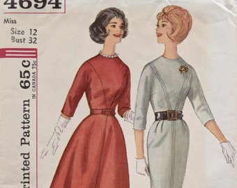 Simplicity 4694 Vintage 1960s Sewing Pattern Kimono Sleeve Dress Front Inset Slim Skirt or 4-Gore Flared Skirt Pattern UNCUT FF Bust 32