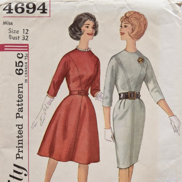 Simplicity 4694 Vintage 1960s Sewing Pattern Kimono Sleeve Dress Front Inset Slim Skirt or 4-Gore Flared Skirt Pattern UNCUT FF Bust 32