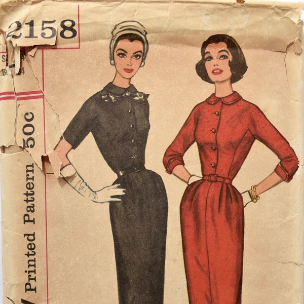 Simplicité 2158 couture patron des années 1950 robe Slim Tunique robe noeud amovible bouton devant col Claudine Kimono manches taille 14 buste 34"