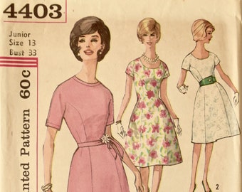 Simplicity 4403 Vintage 1960s Sewing Pattern One-Piece Dress Fit and Flare Princess Line Dolman Sleeves 60s Dress Junior Size 13 Bust 33