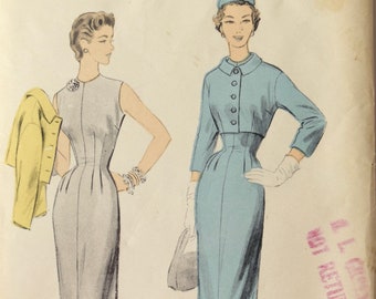 Advance 6703 Sewing Pattern 1950s Dress and Jacket Fitted with Darts Three Quarter Sleeves RARE Unprinted Pattern Factory Folds Bust 32"