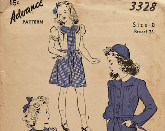 Vintage 1940s Advance 3328 Sewing Pattern Young Girl's Dress Puff Sleeve Long Sleeve Tie Belt Retro Fashion Vintage Sewing  Size 8 Bust 26