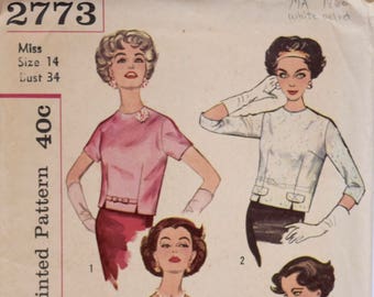 1960s Blouses Simplicity 2773 Vintage Sewing Pattern Set in Sleeves or Sleeveless Bow Trim Round Neckline Cut Unused 60s Fashion Bust 34