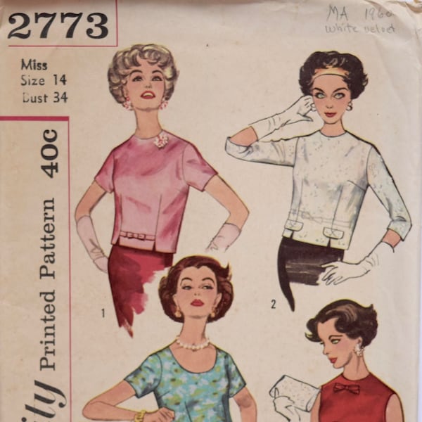 1960s Blouses Simplicity 2773 Vintage Sewing Pattern Set in Sleeves or Sleeveless Bow Trim Round Neckline Cut Unused 60s Fashion Bust 34