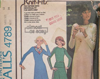 McCall's 4789 Vintage 1970s Sewing Pattern Stretch Knit Dress Raglan Sleeve Top Lace Insertion Skirt Scarf UNCUT FF Size 12 Bust 34"