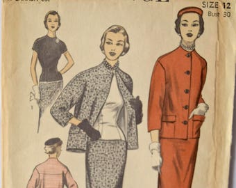 Vintage Late 40's Early 1950s Sewing Pattern Advance 6179 Pencil Skirt Fitted Blouse and Collarless Jacket UNCUT Factory Folds 30" Bust