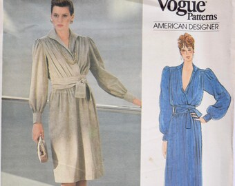 Adele Simpson Vogue 1306 American Designer Sewing Pattern 1980s Loose-Fitting Wrap Dress Two Lengths Waistband UNCUT Factory Folds Size 10