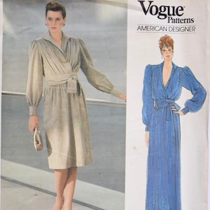 May include: Vogue Patterns American Designer sewing pattern for a dress by Adele Simpson. The pattern number is 1306. The pattern shows two versions of the dress, one in a light beige colour and the other in a light blue colour.