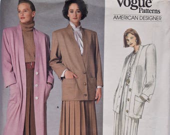 Vintage 1980s Perry Ellis Vogue 1775 Sewing Pattern Misses' Coat Jacket and Pleated Skirt American Designer UNCUT Factory Folds Size 10