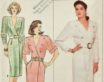 Butterick 4696 Sewing Pattern David Warren Mock Wrap Dress Below Mid-Knee 1980s Fashion Designer Straight Skirt Epaulets Bust 32.5"