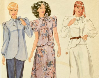 Butterick 4086 Vintage 1980's Sewing Pattern Misses' Loose Fitting Tunic or Top Asymmetrical Closing Puff Sleeves A-line Skirt Bust 32.5"