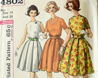 Simplicity 4802 Sewing Pattern Vintage 1960s One-Piece Dress Fit and Flare Box Pleat Skirt Self Belt 60s Dress  Bust 34