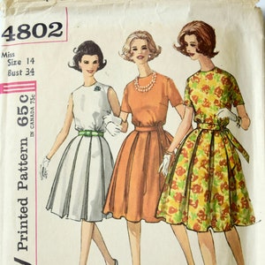 Simplicity 4802 Sewing Pattern Vintage 1960s One-Piece Dress Fit and Flare Box Pleat Skirt Self Belt 60s Dress  Bust 34