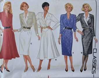 Vintage 1980's Butterick 4193 Sewing Pattern Notched Collar Dress Extended Shoulders Flared or Straight Skirt UNCUT Factory Folds Size 14-18