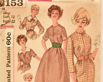 Simplicity 3153 Sewing Pattern Vintage 1950s Dress with Two Skirt Options Wiggle or Pleated Detachable Collars Size 12 Bust 32"